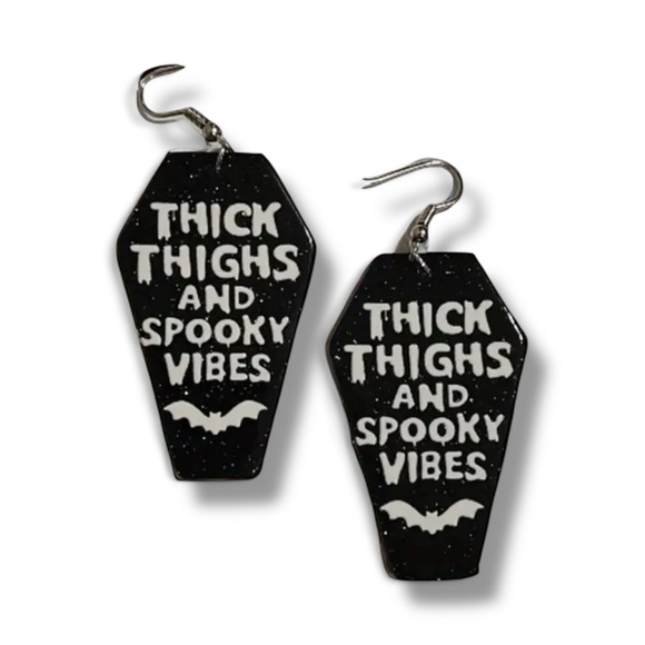NWOT Sparkly “Thick thighs and spooky vibes” coffin earrings - Picture 1 of 1